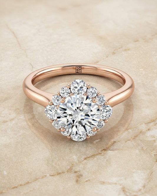 Round Brilliant, Square Halo Secret Stone, in 14K Rose Gold – angled view | RockHer