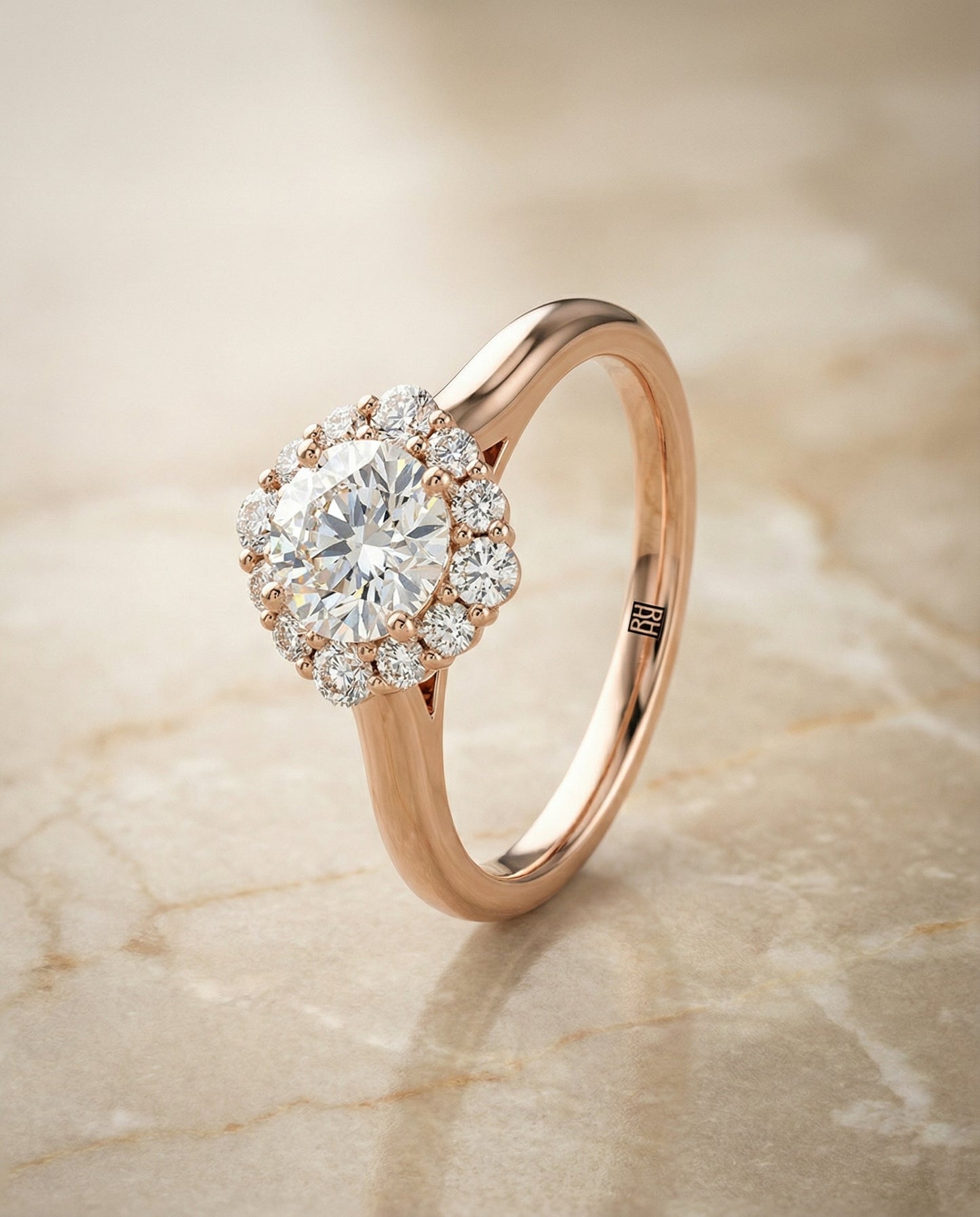 Round Brilliant, Square Halo Secret Stone, in 14K Rose Gold – front view | RockHer