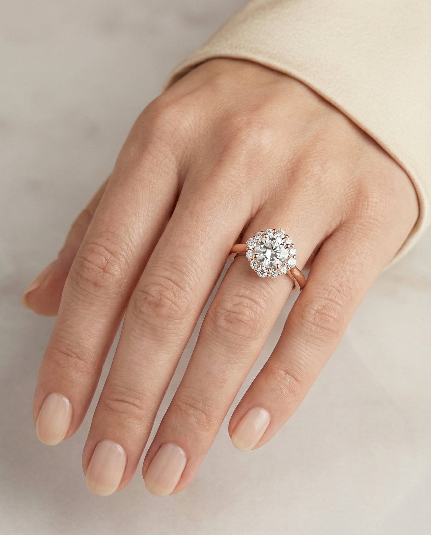 Round Brilliant, Square Halo Secret Stone, in 14K Rose Gold – lifestyle shot | RockHer