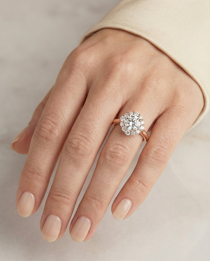 Round Brilliant, Square Halo Secret Stone, in 14K Rose Gold – lifestyle shot | RockHer