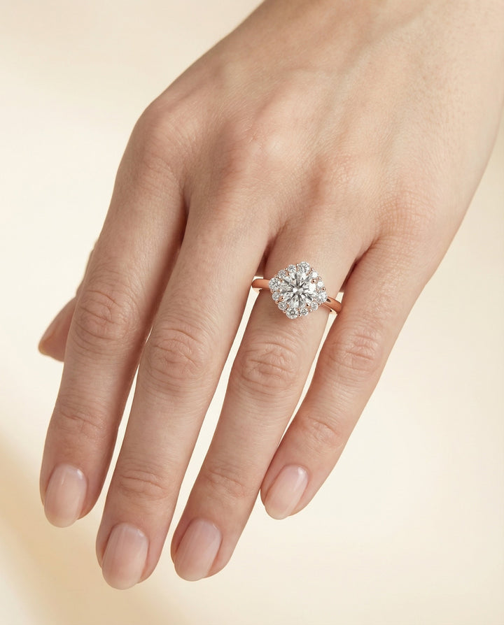 Round Brilliant, Square Halo Secret Stone, in 14K Rose Gold – lifestyle shot | RockHer