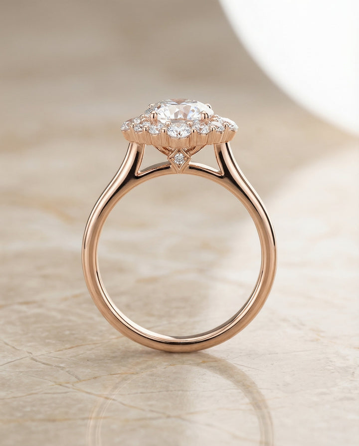 Round Brilliant, Square Halo Secret Stone, in 14K Rose Gold – side profile | RockHer