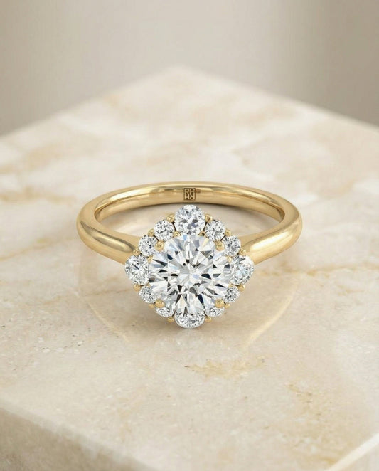 Round Brilliant, Square Halo Secret Stone, in 18K Yellow Gold, prong setting – angled view | RockHer