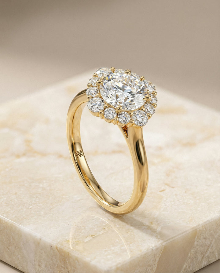 Round Brilliant, Square Halo Secret Stone, in 18K Yellow Gold, prong setting – front view | RockHer
