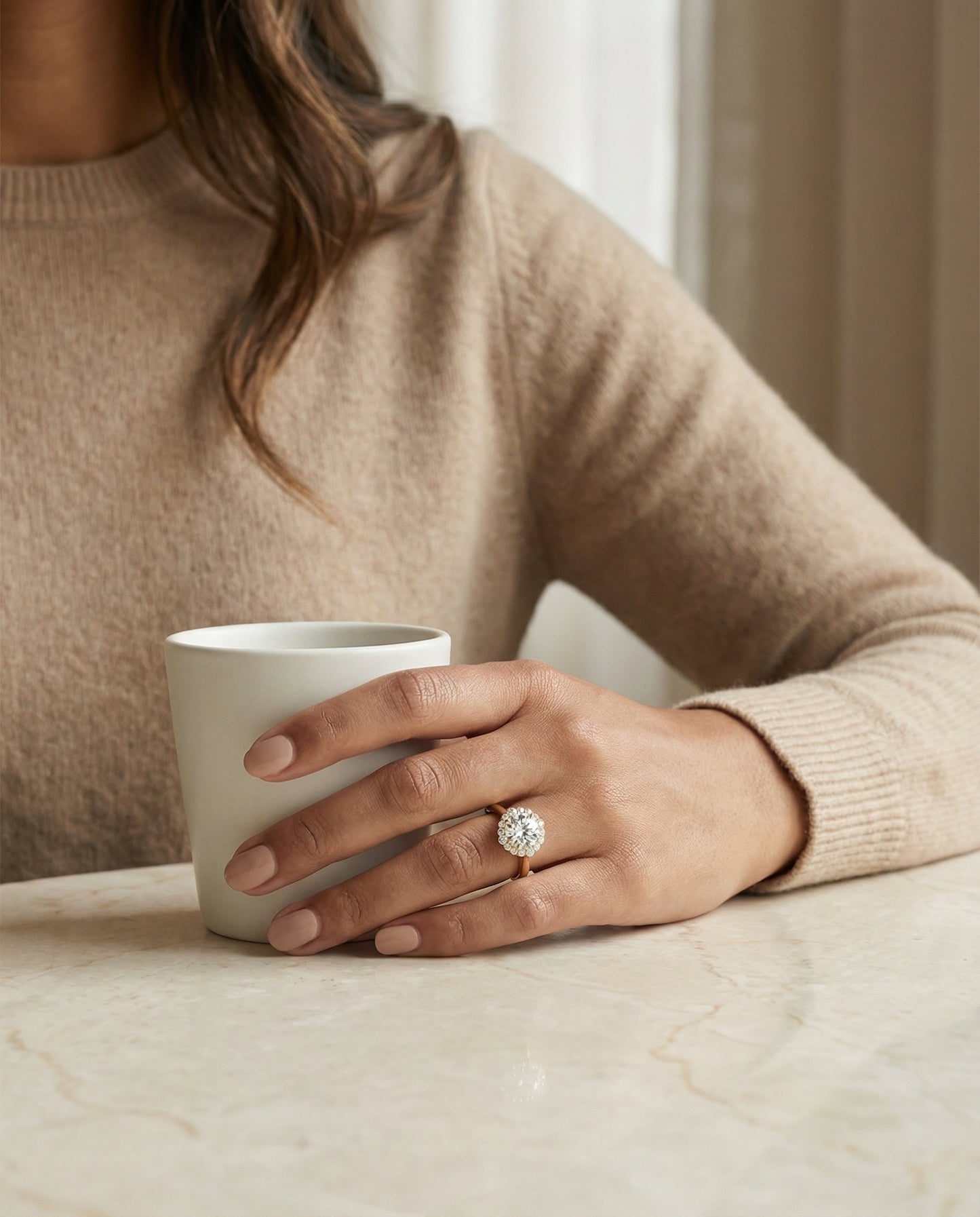Round Brilliant, Square Halo Secret Stone, in 18K Yellow Gold, prong setting – lifestyle shot | RockHer