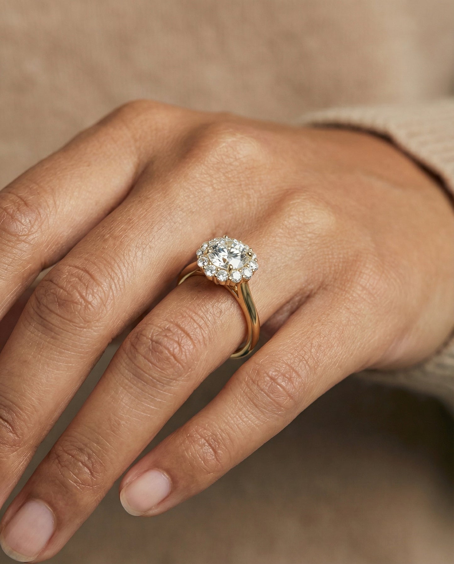 Round Brilliant, Square Halo Secret Stone, in 18K Yellow Gold, prong setting – lifestyle shot | RockHer