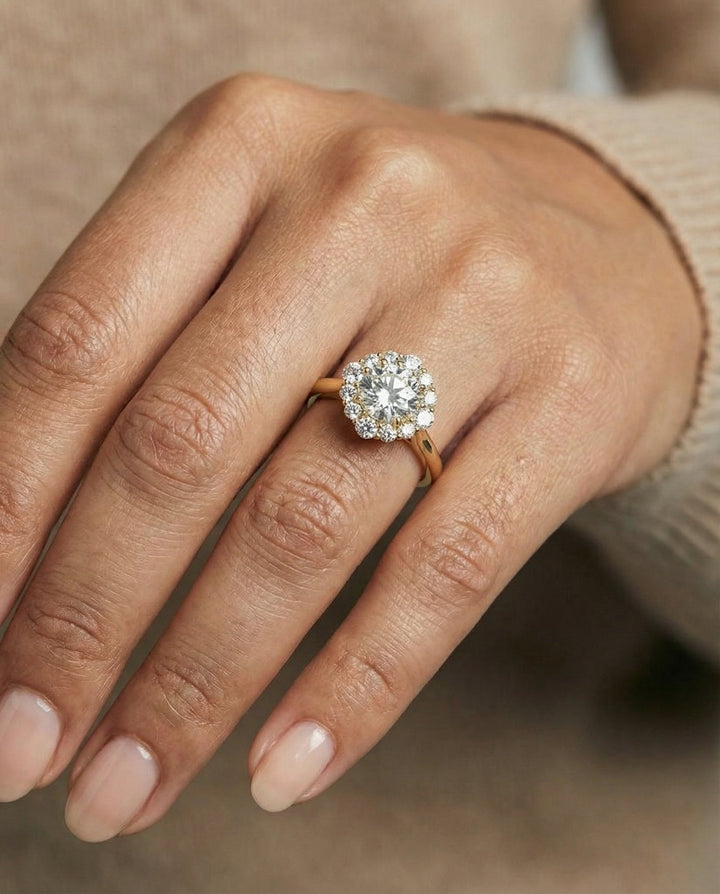 Round Brilliant, Square Halo Secret Stone, in 18K Yellow Gold, prong setting – lifestyle shot | RockHer