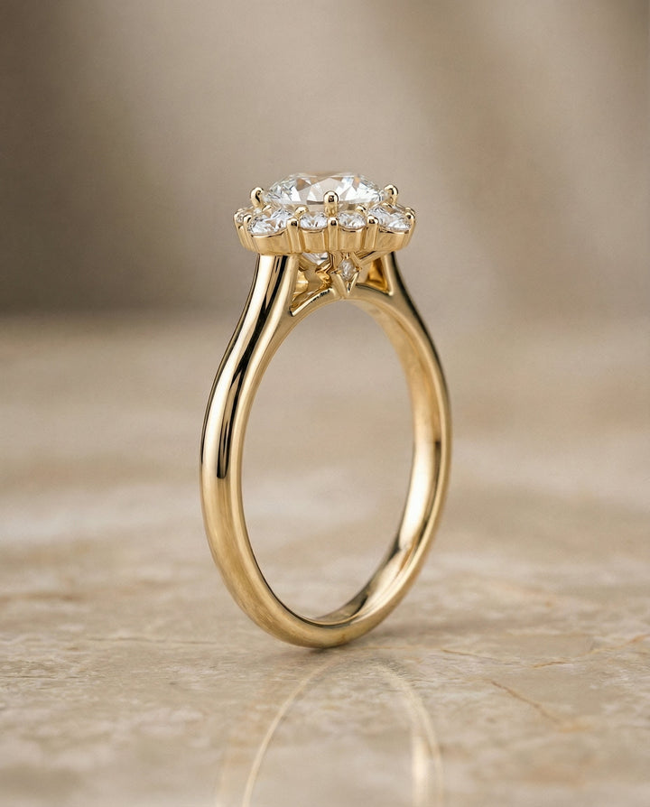 Round Brilliant, Square Halo Secret Stone, in 18K Yellow Gold, prong setting – side profile | RockHer