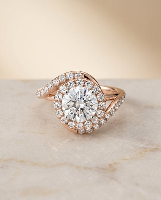 Ariana Select Swirl Twist Pave Halo in 14K Rose Gold – view 1