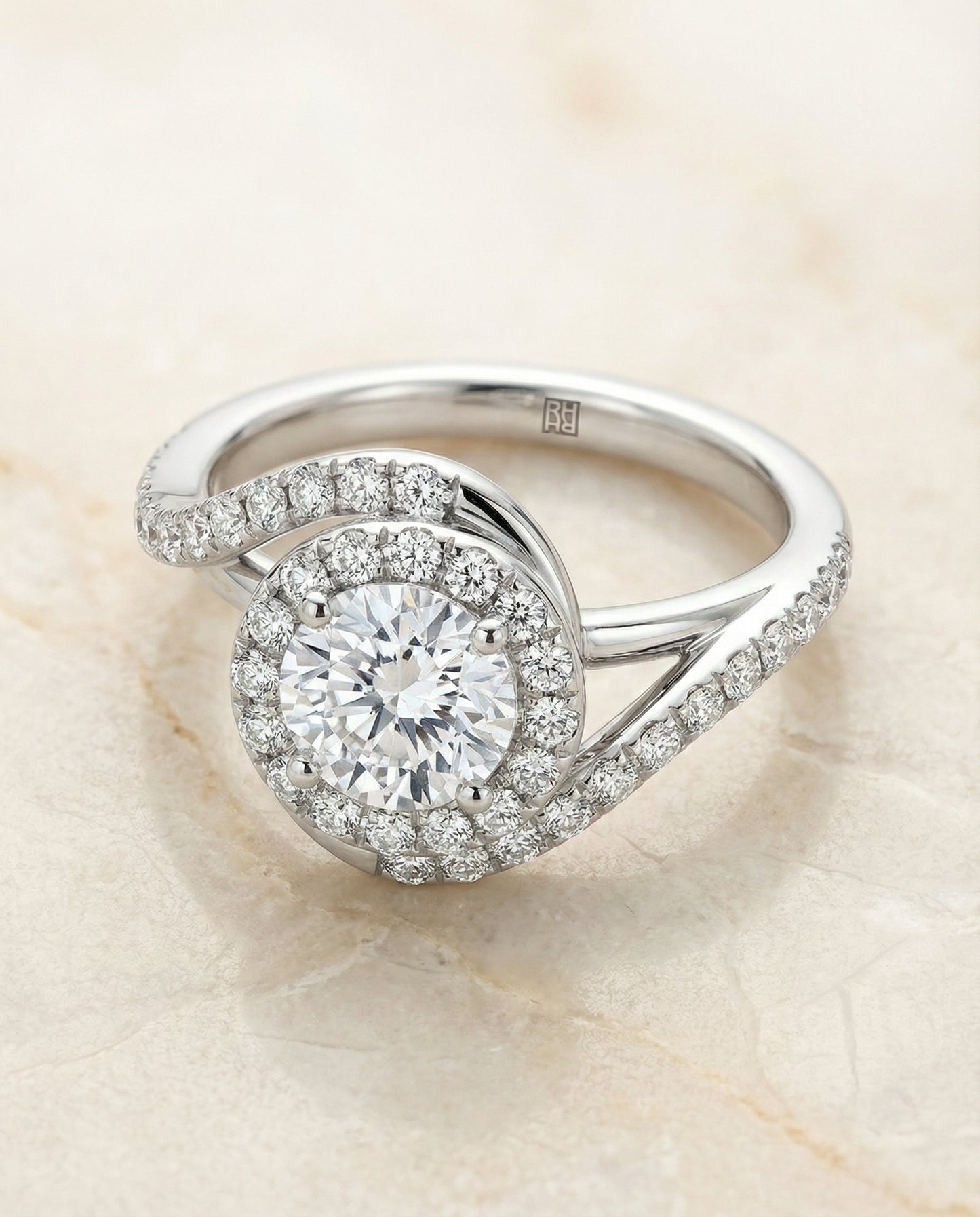 Round Brilliant, Swirl Twist Pavé Halo, in Platinum, pave setting – angled view | RockHer