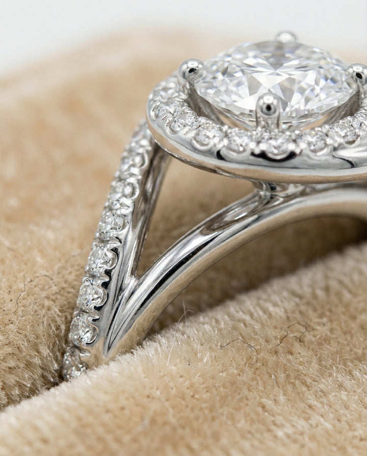 Round Brilliant, Swirl Twist Pavé Halo, in Platinum, pave setting – detail view | RockHer