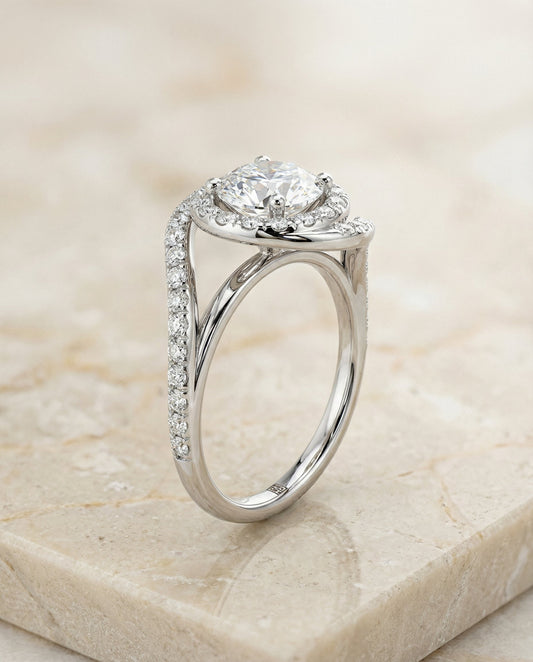 Swirl Twist Pavé Halo Engagement Ring Setting in 14K White Gold