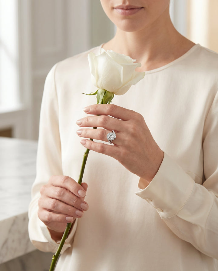 Round Brilliant, Swirl Twist Pavé Halo, in Platinum, pave setting – lifestyle shot | RockHer