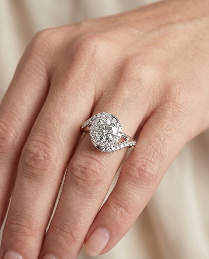 Round Brilliant, Swirl Twist Pavé Halo, in Platinum, pave setting – lifestyle shot | RockHer