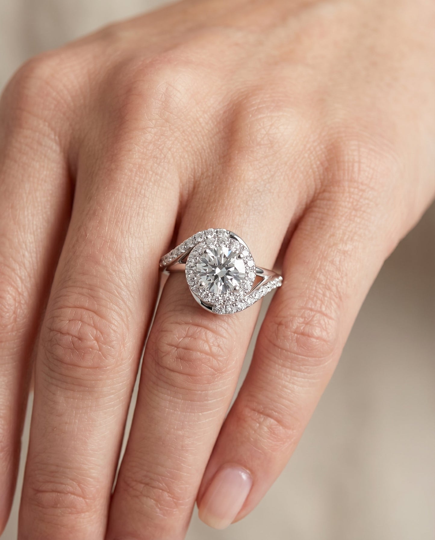 Round Brilliant, Swirl Twist Pavé Halo, in Platinum, pave setting – lifestyle shot | RockHer