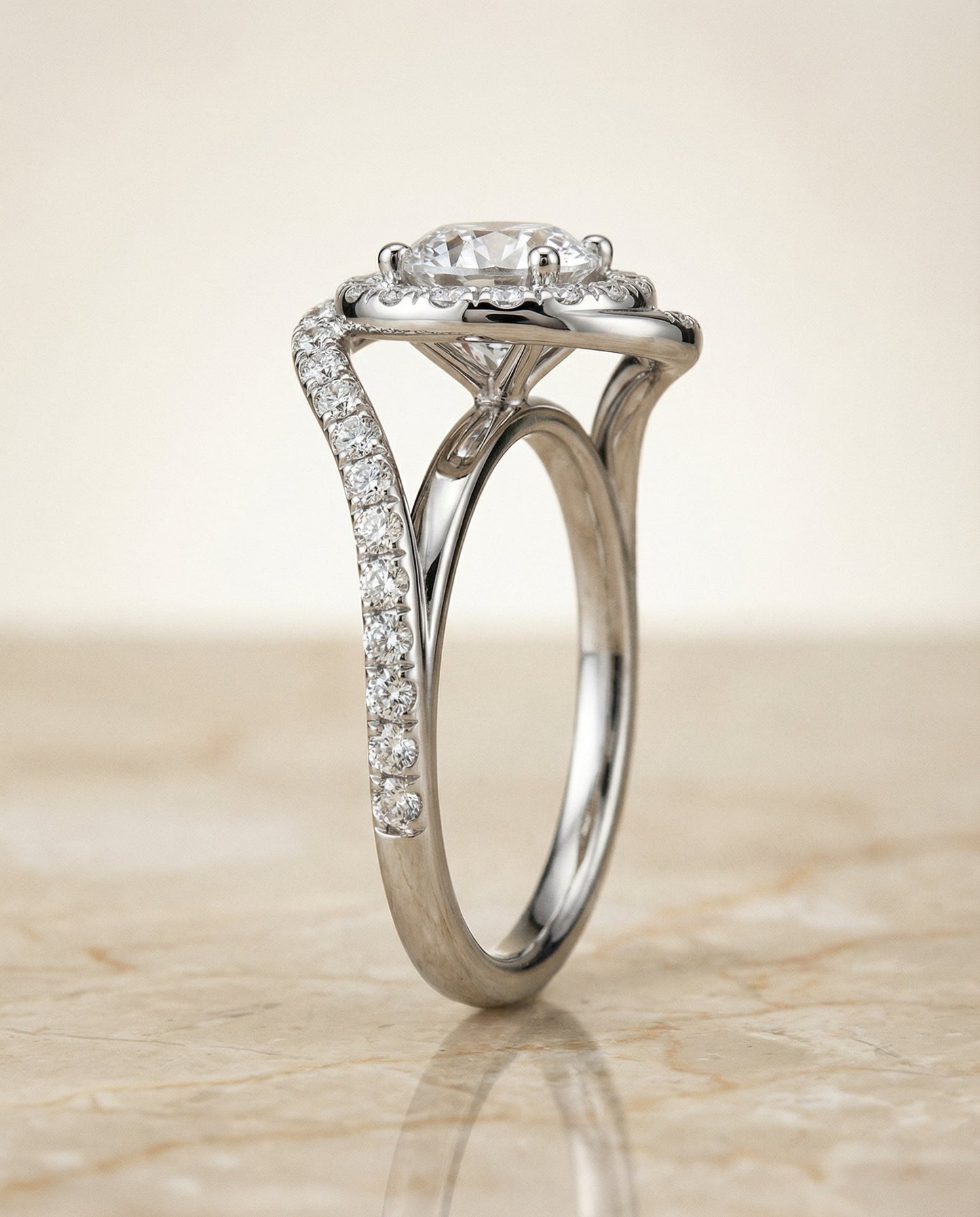 Round Brilliant, Swirl Twist Pavé Halo, in Platinum, pave setting – side profile | RockHer