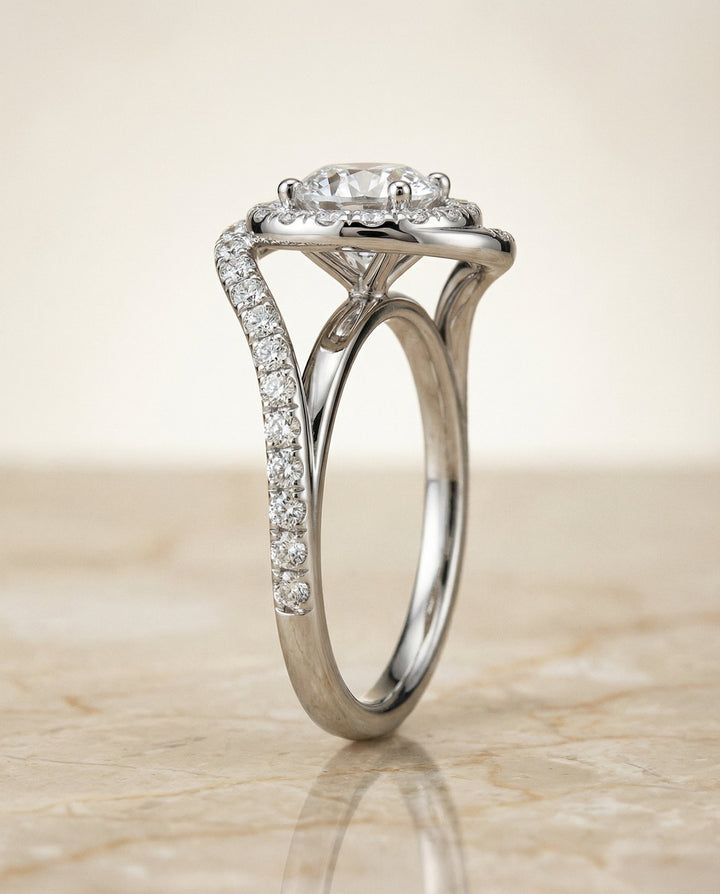 Round Brilliant, Swirl Twist Pavé Halo, in Platinum, pave setting – side profile | RockHer