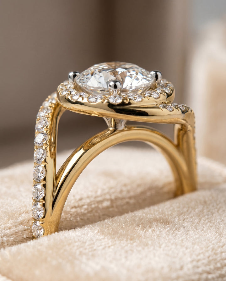 Round Brilliant, Swirl Twist Pavé Halo, in 18K Yellow Gold, pave setting – detail view | RockHer