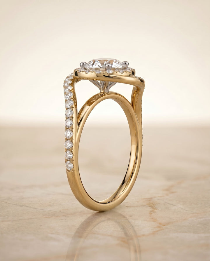 Round Brilliant, Swirl Twist Pavé Halo, in 18K Yellow Gold, pave setting – side profile | RockHer