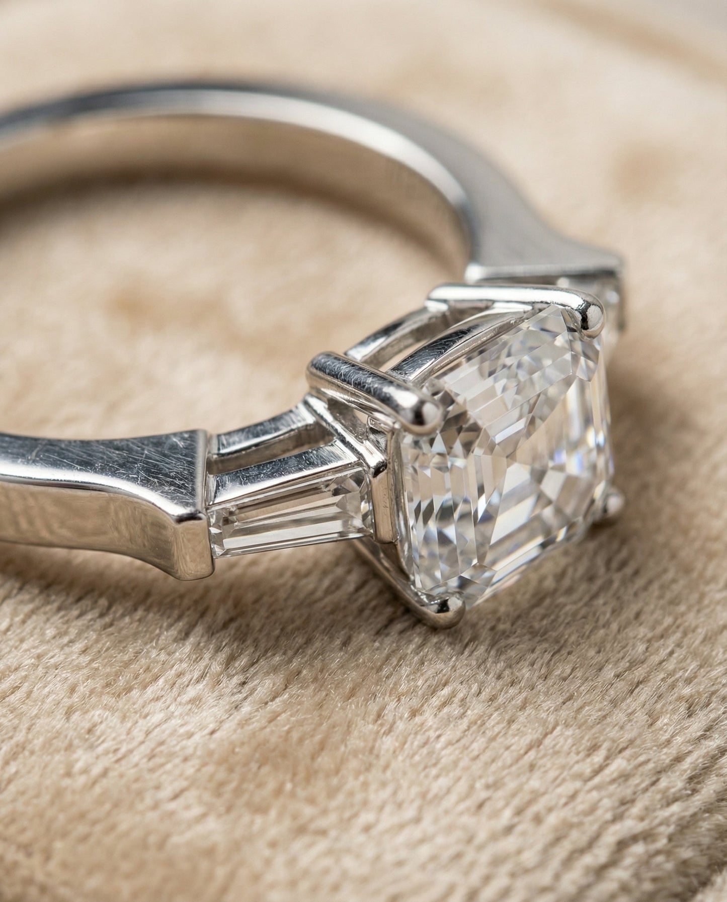 Tapered Baguette Three Stone Asscher, in Platinum, channel setting – detail view | RockHer