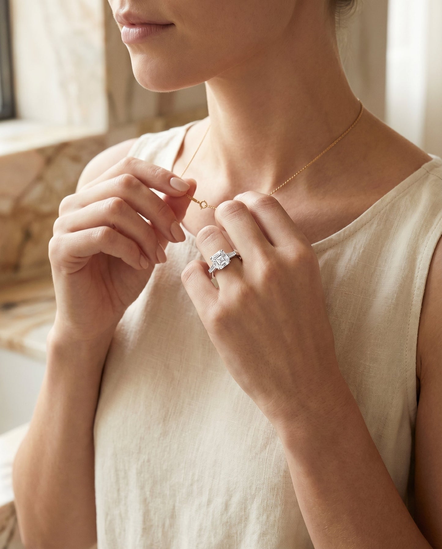 Tapered Baguette Three Stone Asscher, in Platinum, channel setting – lifestyle shot | RockHer