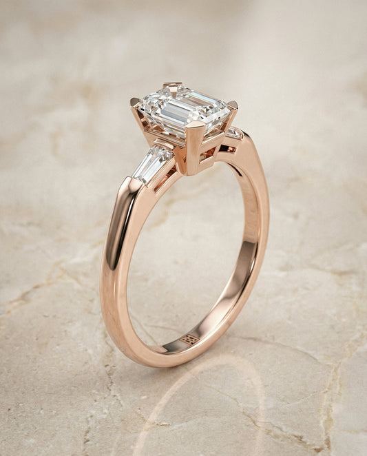 Tapered Baguette Three Stone Emerald Cut Engagement Ring Setting in 14K Rose Gold