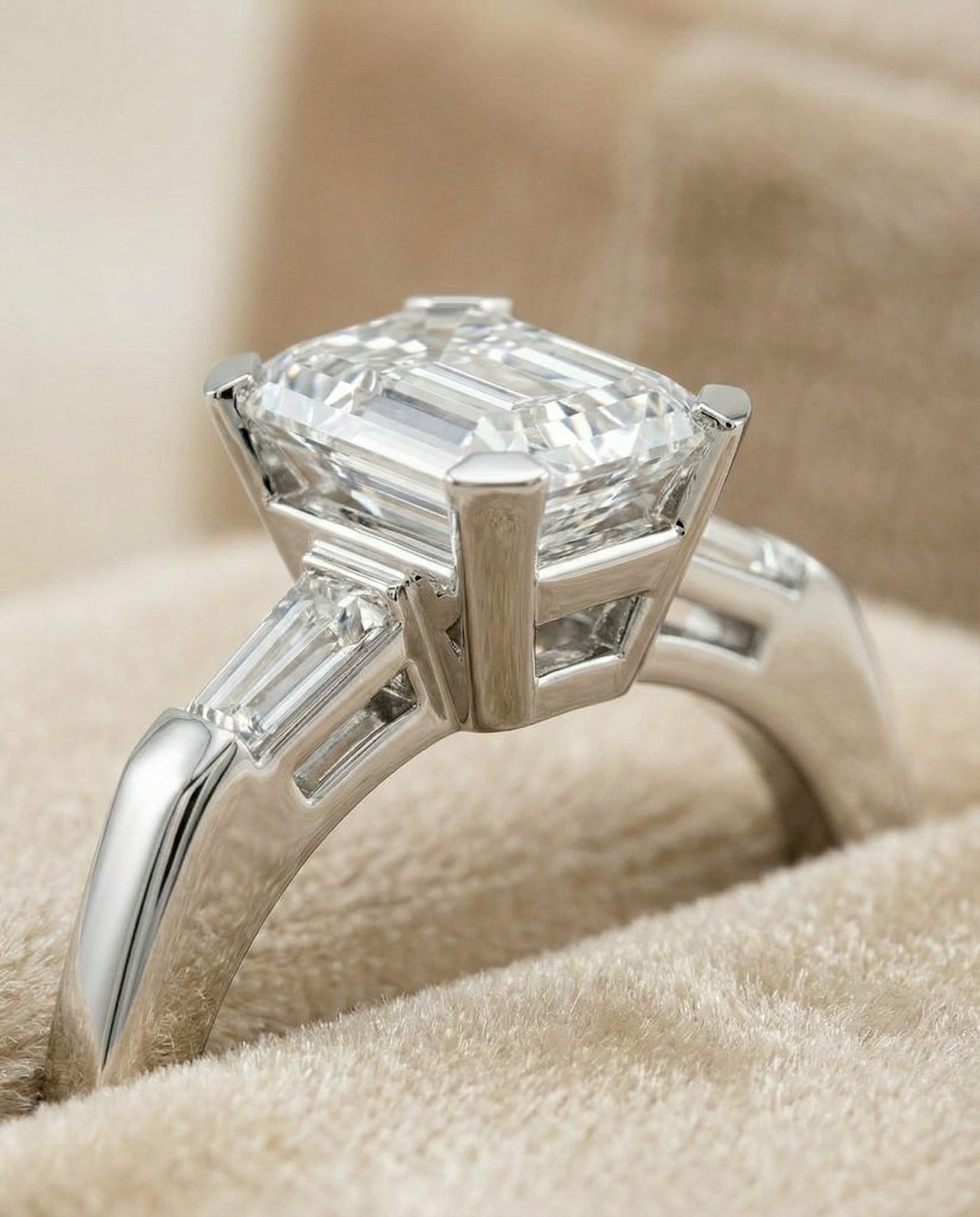 European Cut, Tapered Baguette Three Stone Emerald, in Platinum – detail view | RockHer