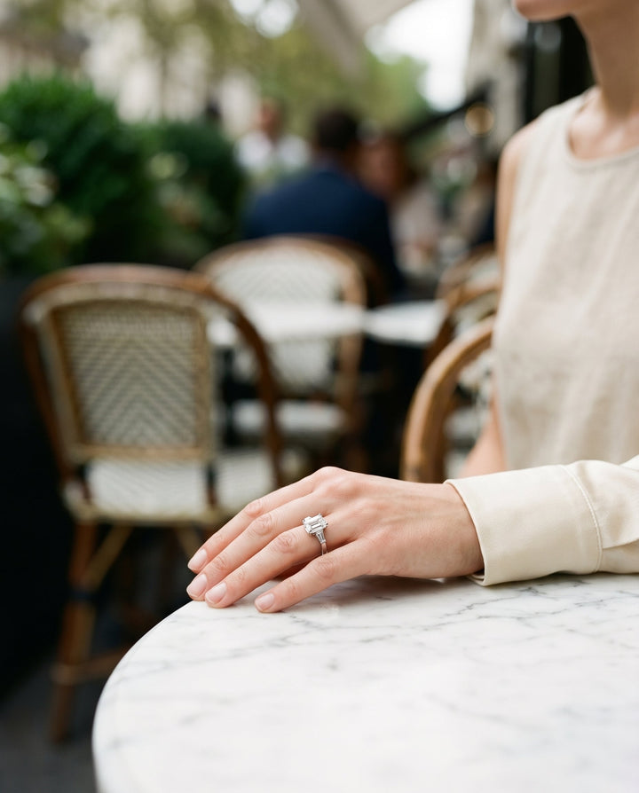 European Cut, Tapered Baguette Three Stone Emerald, in Platinum – lifestyle shot | RockHer