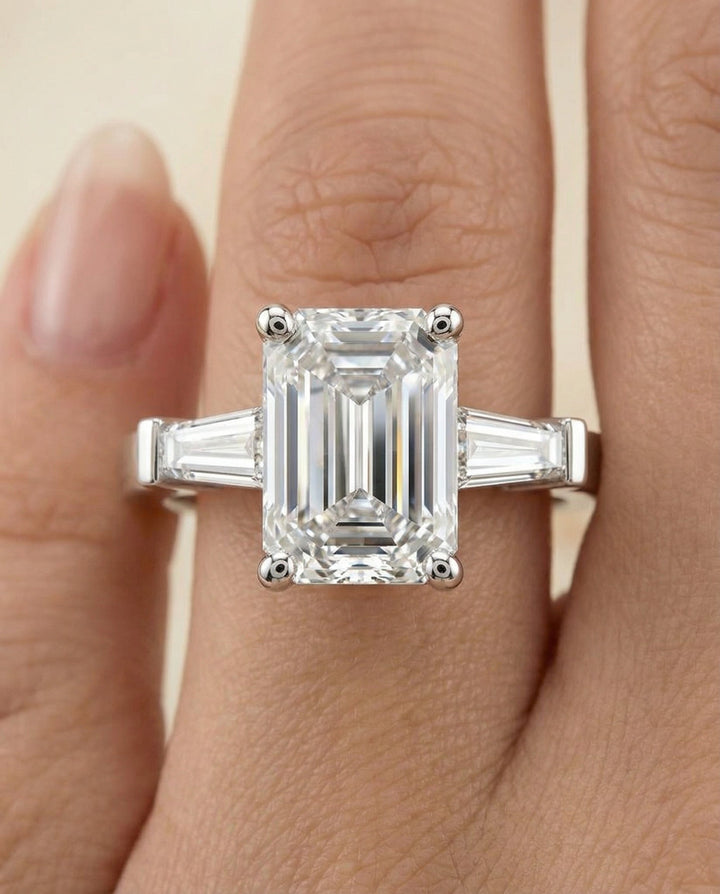 European Cut, Tapered Baguette Three Stone Emerald, in Platinum, channel setting – lifestyle shot | RockHer