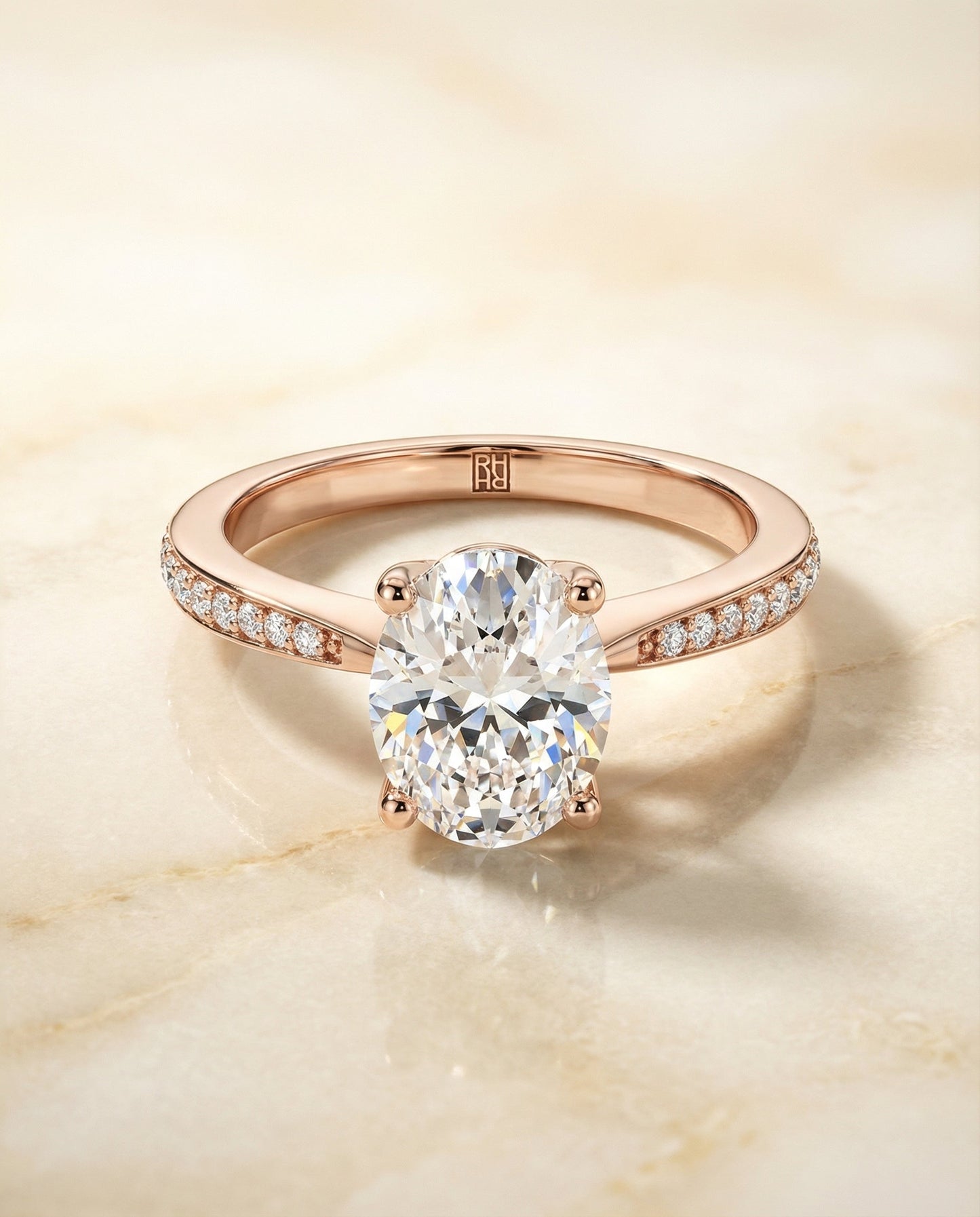 Carrie Select tapered pavé oval oval ring in 14K Rose Gold — alt angle — RockHer