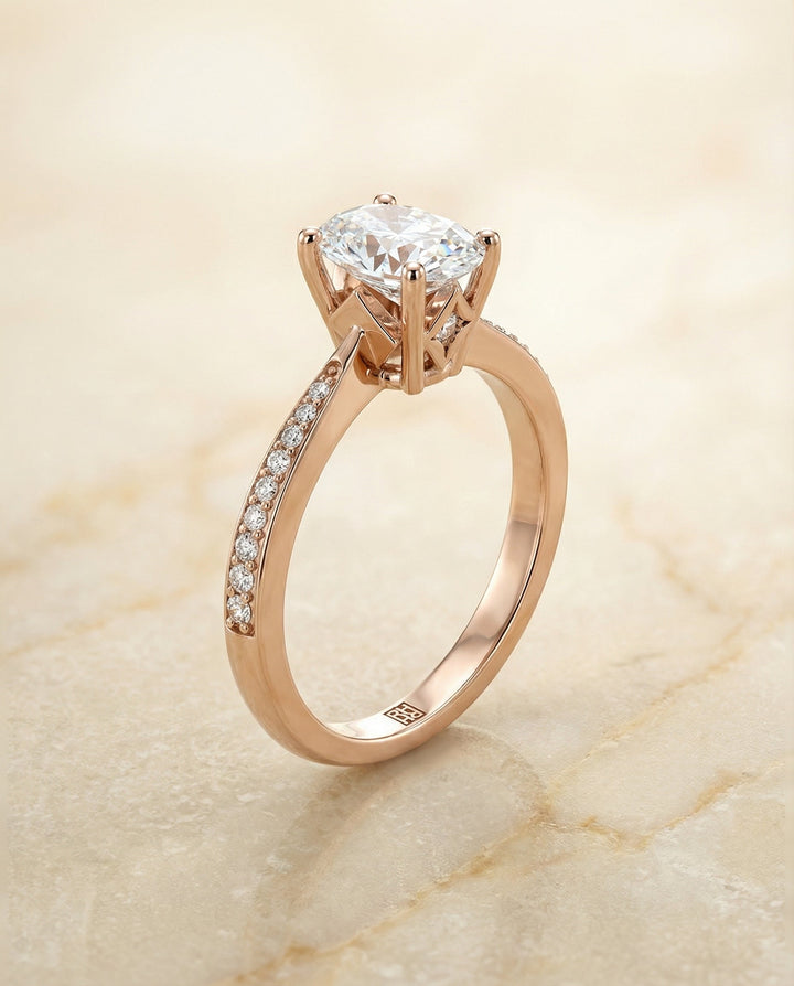 Tapered Pavé Oval, in 14K Rose Gold, pave setting – front view | RockHer
