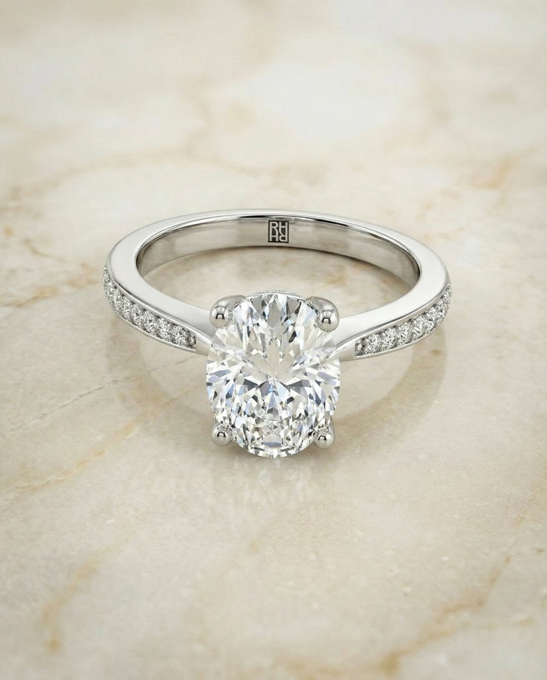 Tapered Pavé Oval, in 18K White Gold, pave setting – angled view | RockHer