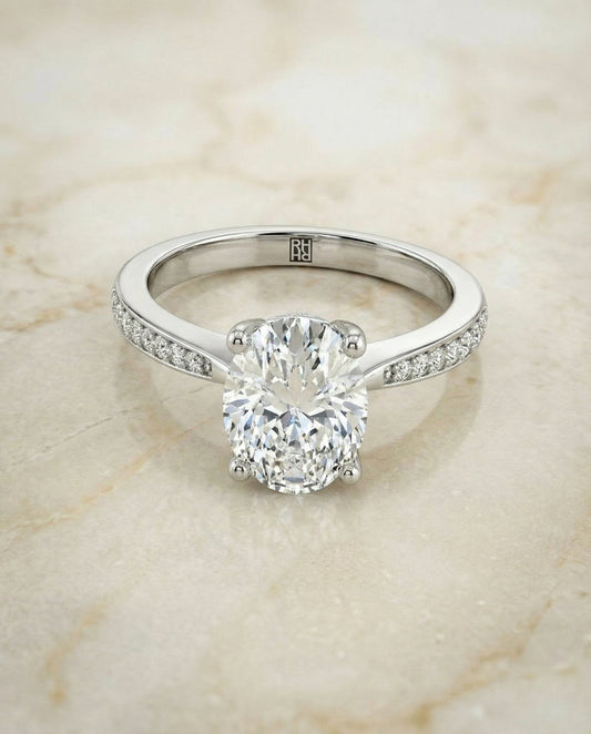 Tapered Pavé Oval, in 18K White Gold, pave setting – angled view | RockHer