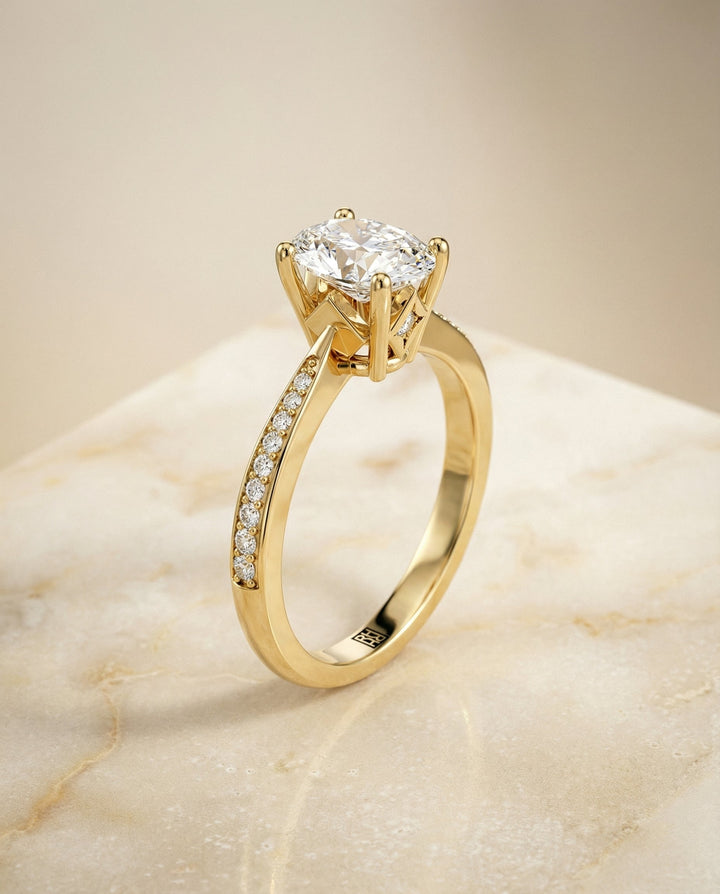 Tapered Pavé Oval, in 18K Yellow Gold, pave setting – front view | RockHer