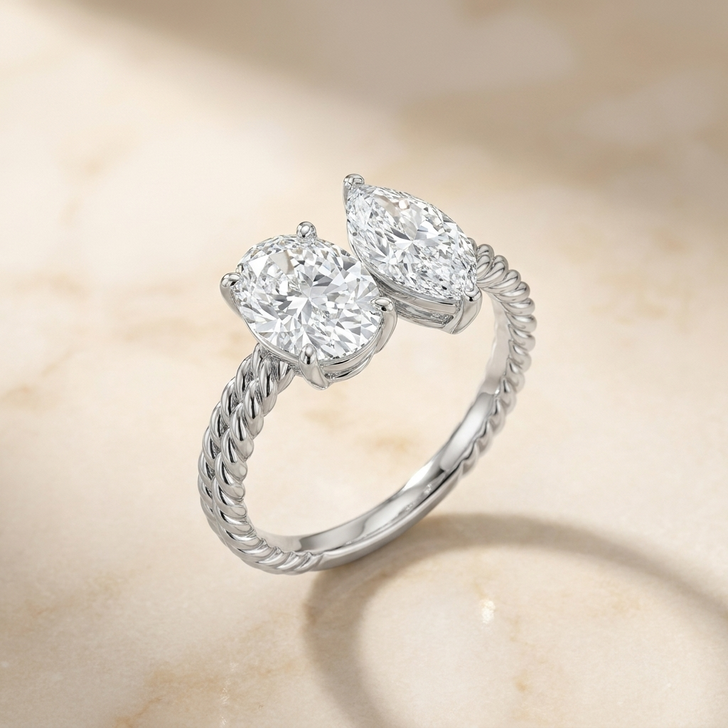 14K White Gold Taylor Select Toi et Moi Oval & Marquise Twisted Band Lab Diamond Engagement Ring - Alt angle on warm marble