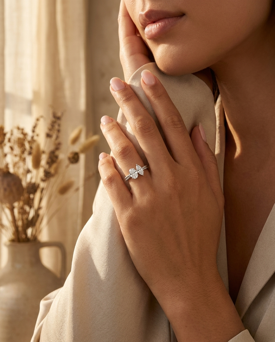14K White Gold Taylor Select Toi et Moi Oval & Marquise Twisted Band Lab Diamond Engagement Ring - Lifestyle scene with hand model