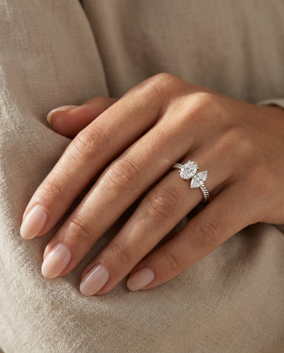 14K White Gold Taylor Select Toi et Moi Oval & Marquise Twisted Band Lab Diamond Engagement Ring - Ring on hand model