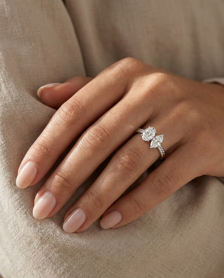 14K White Gold Taylor Select Toi et Moi Oval & Marquise Twisted Band Lab Diamond Engagement Ring - Ring on hand model