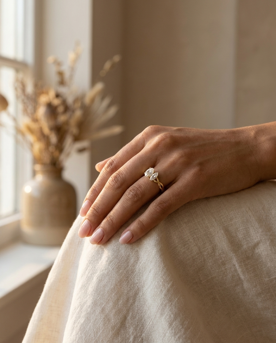 14K Yellow Gold Taylor Select Toi et Moi Oval & Marquise Twisted Band Lab Diamond Engagement Ring - Lifestyle scene with hand model
