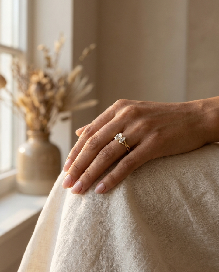 14K Yellow Gold Taylor Select Toi et Moi Oval & Marquise Twisted Band Lab Diamond Engagement Ring - Lifestyle scene with hand model