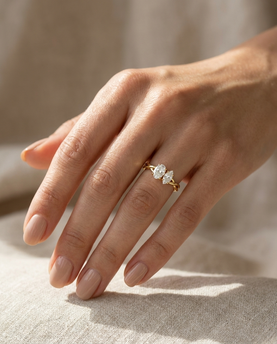 14K Yellow Gold Taylor Select Toi et Moi Oval & Marquise Twisted Band Lab Diamond Engagement Ring - Ring on hand model