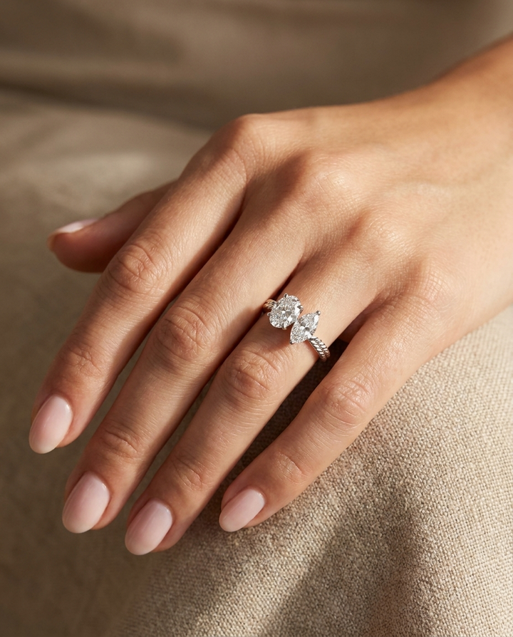 18K White Gold Taylor Select Toi et Moi Oval & Marquise Twisted Band Lab Diamond Engagement Ring - Ring on hand model
