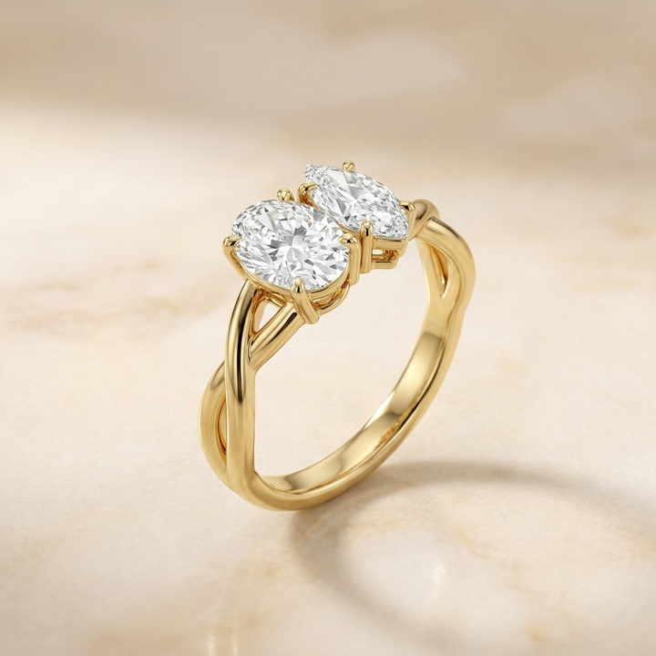 The Taylor — Toi et Moi Oval & Marquise Twisted Band - Alt angle on warm marble