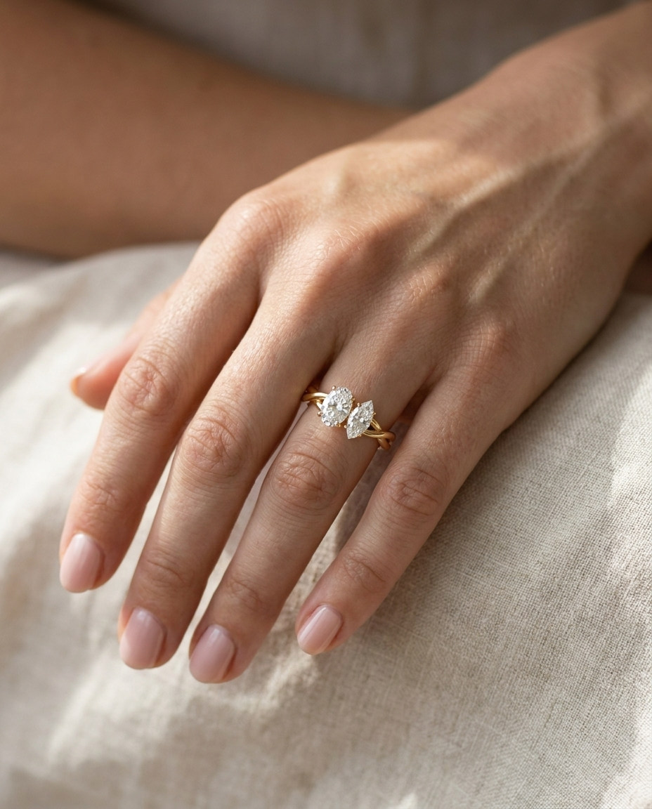 18K Yellow Gold Taylor Select Toi et Moi Oval & Marquise Twisted Band Lab Diamond Engagement Ring - Ring on hand model