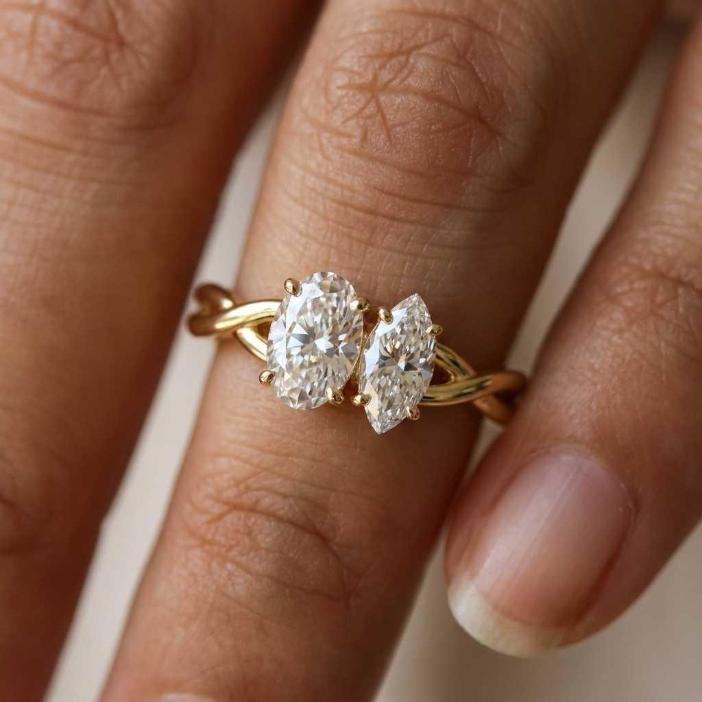 The Taylor — Toi et Moi Oval & Marquise Twisted Band - Macro close-up on finger
