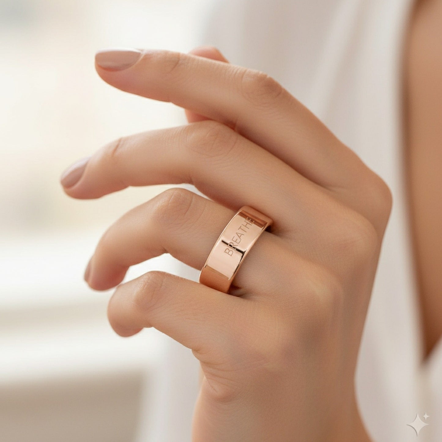 BREATHE engraved 14K Rose Gold Oura Ring cover worn on hand