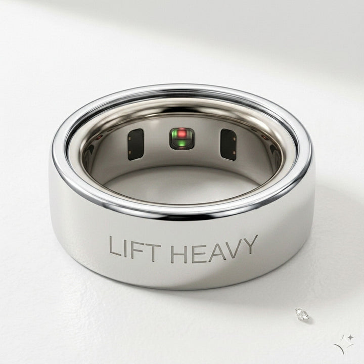 LIFT HEAVY laser engraved 14K White Gold Oura Ring cover