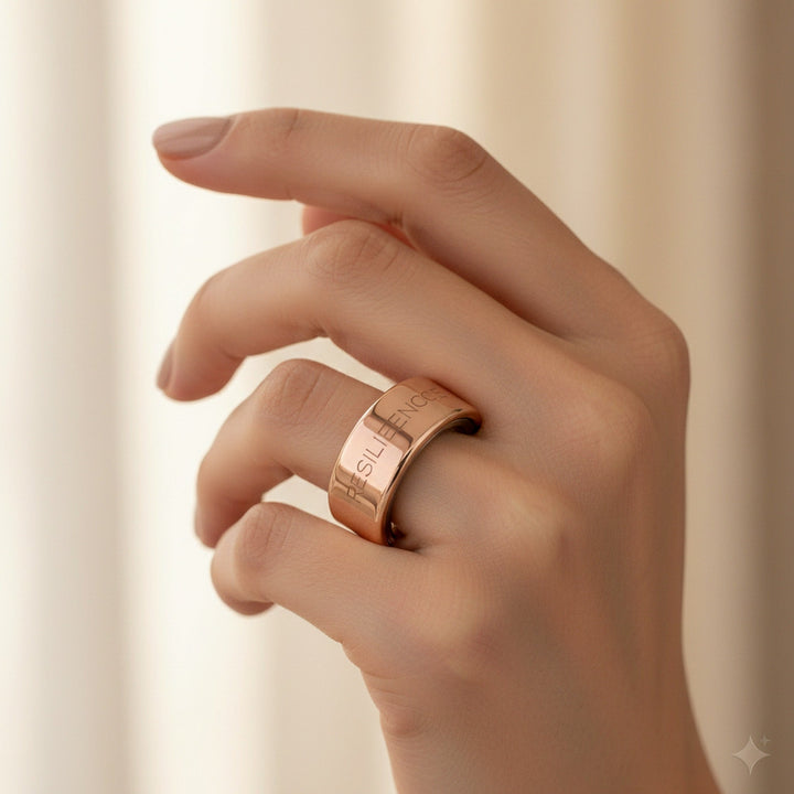 RESILIENCE engraved 14K Rose Gold Oura Ring cover worn on hand