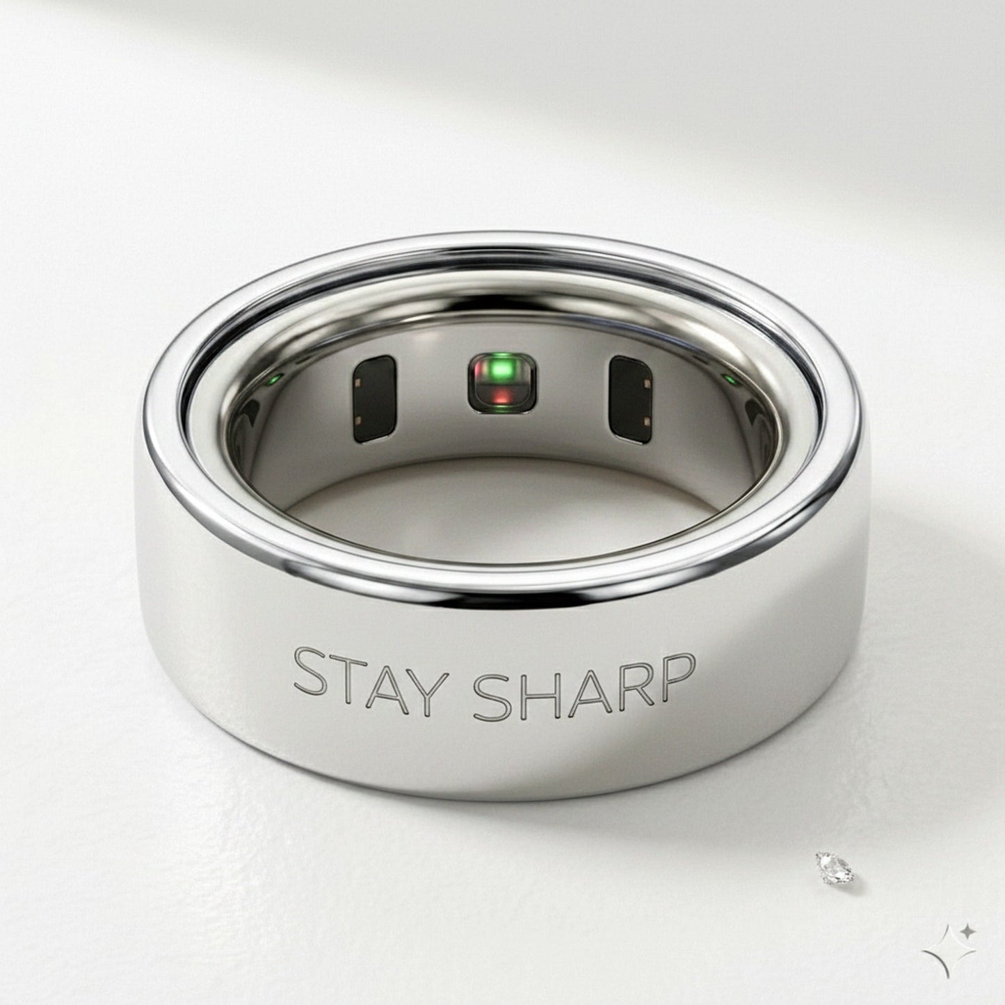 STAY SHARP laser engraved 14K White Gold Oura Ring cover