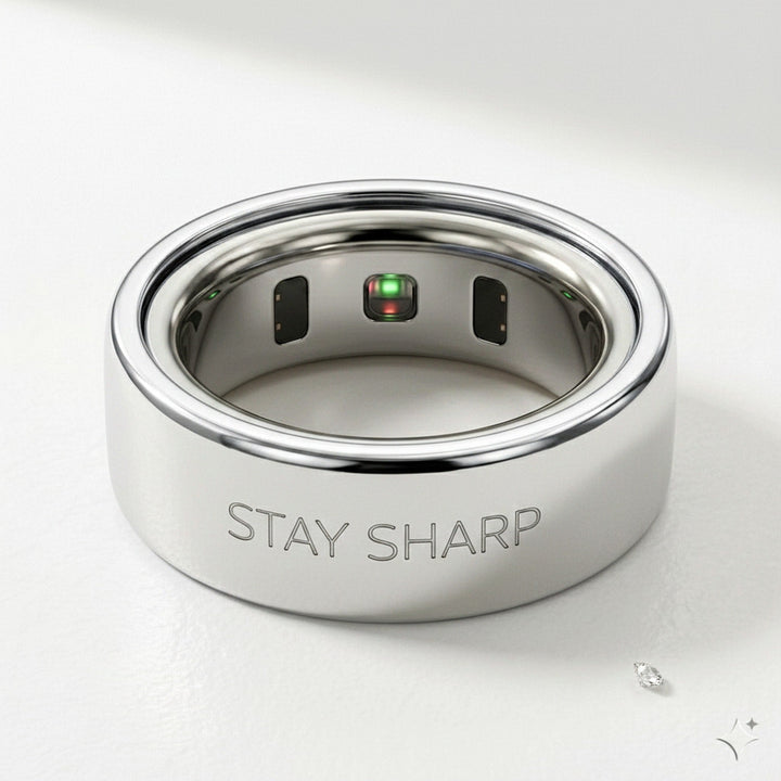 STAY SHARP laser engraved 14K White Gold Oura Ring cover